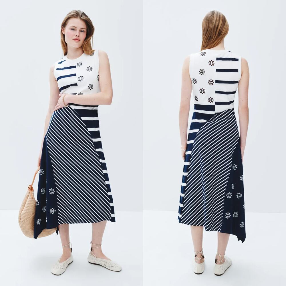 Tanya Taylor Cassidy Dress Patchwork Striped Eyelet Midi Maritime Blue Multi M